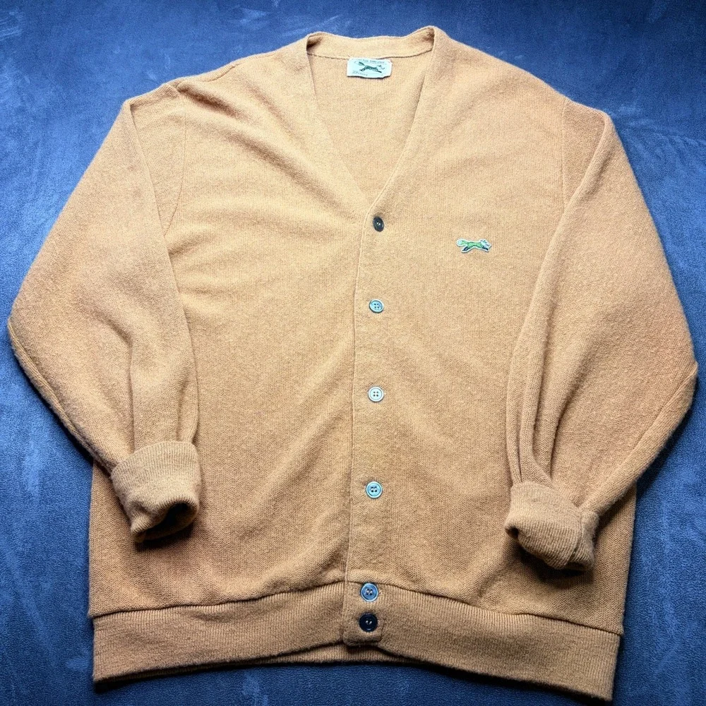 Vintage 80s JCPenney Fox Sweater Mens Large Camel Acrylic Knit Cardigan Grandpa